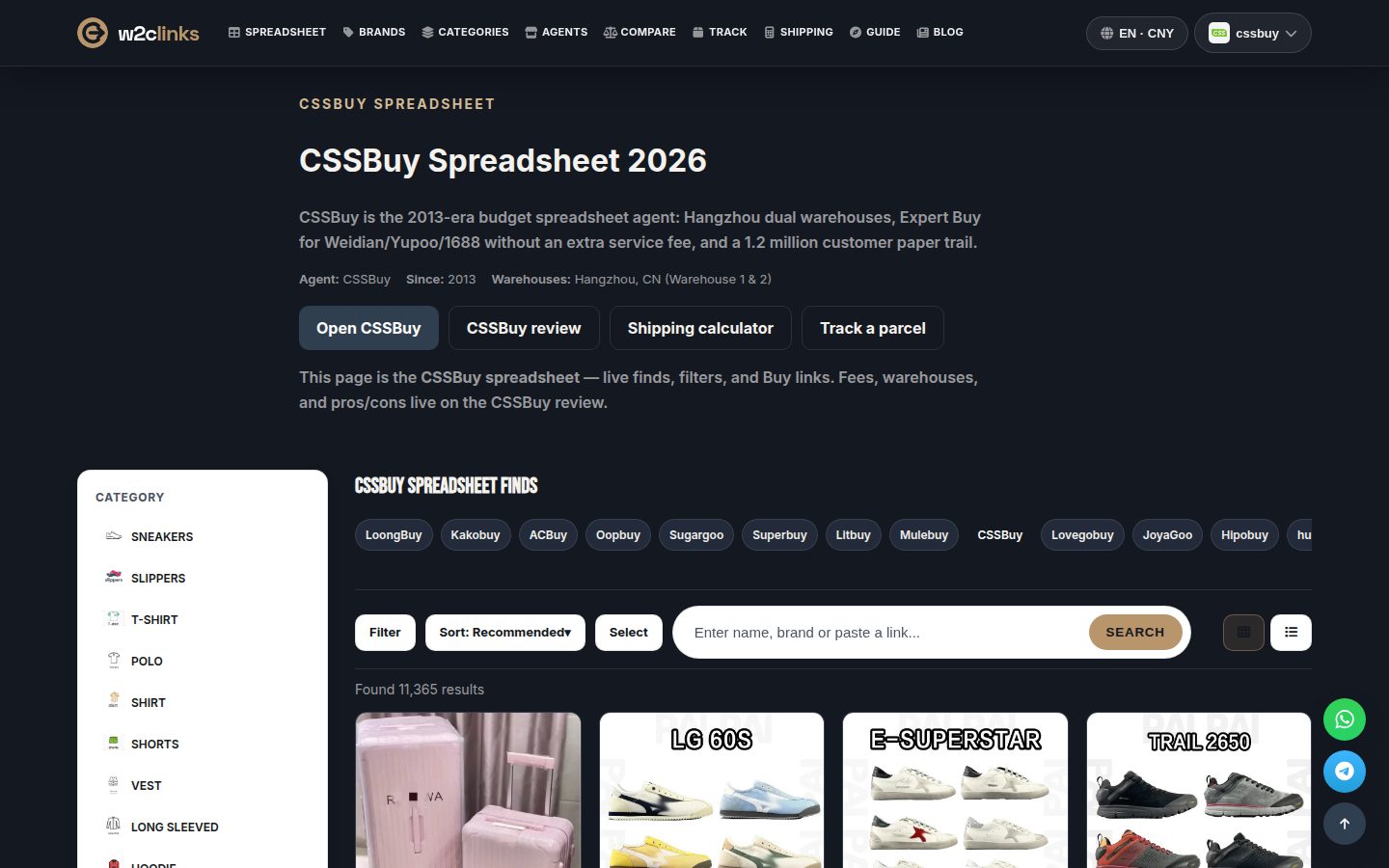 CSSBuy catalogue on w2clinks: product cards with photo, brand and reference price